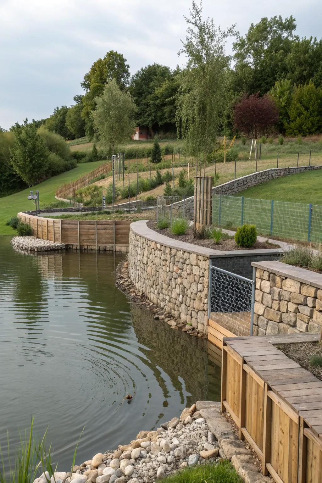 Mixed materials create a personalized and unique design for pond retaining walls.