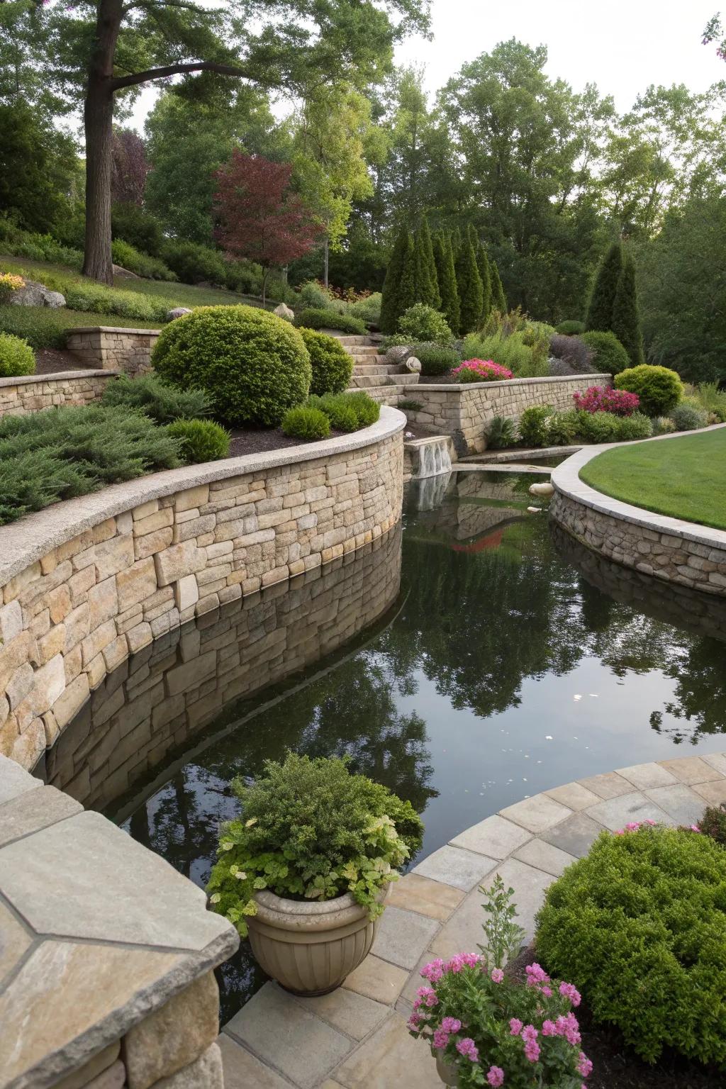 Stone veneer finishes add elegance and sophistication to pond retaining walls.