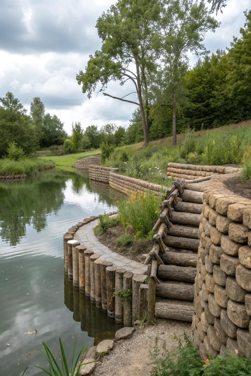 Log walls offer an eco-friendly and rustic aesthetic for pond retaining walls.
