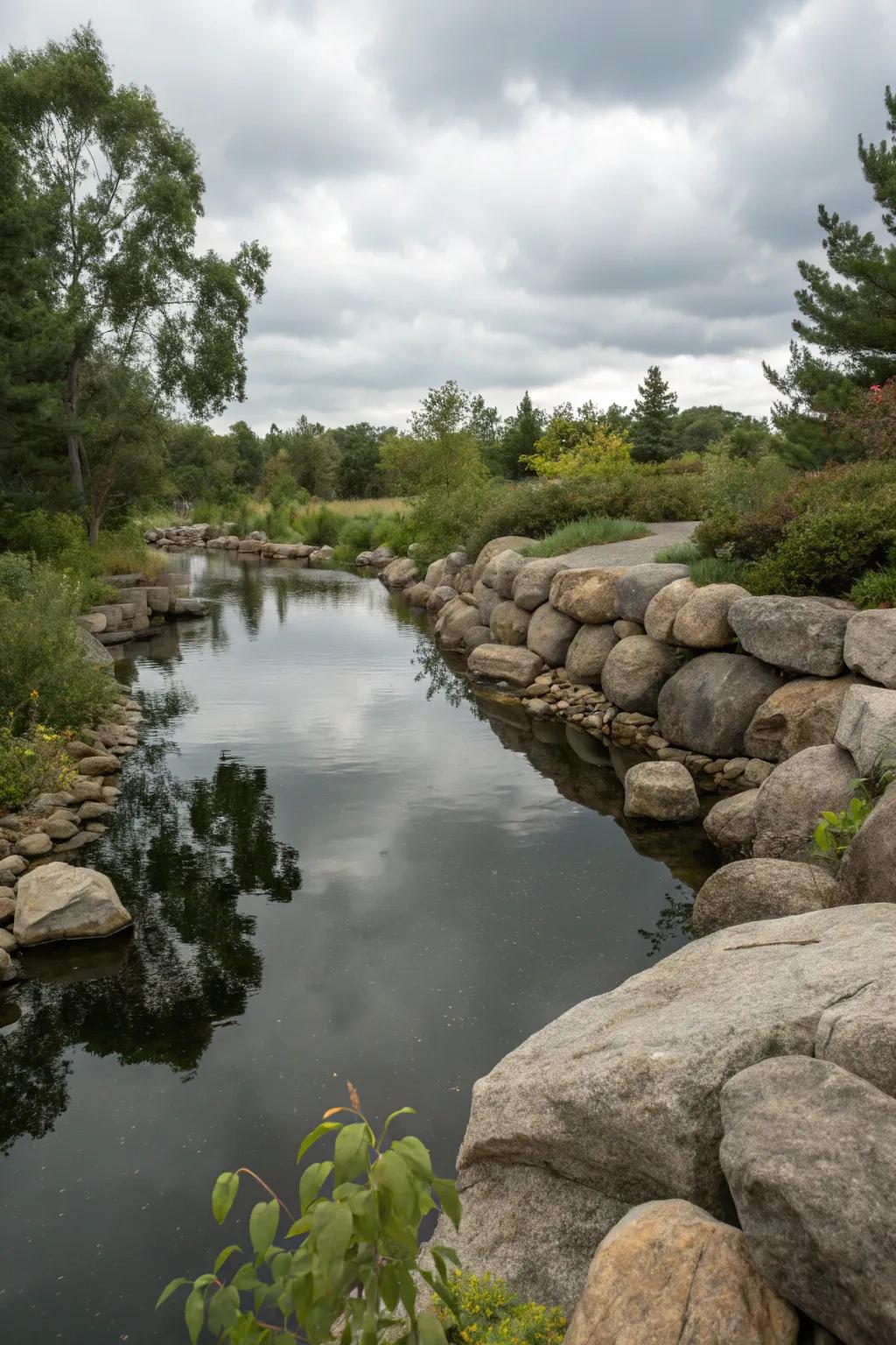 Boulder walls provide a dramatic and natural aesthetic for pond settings.