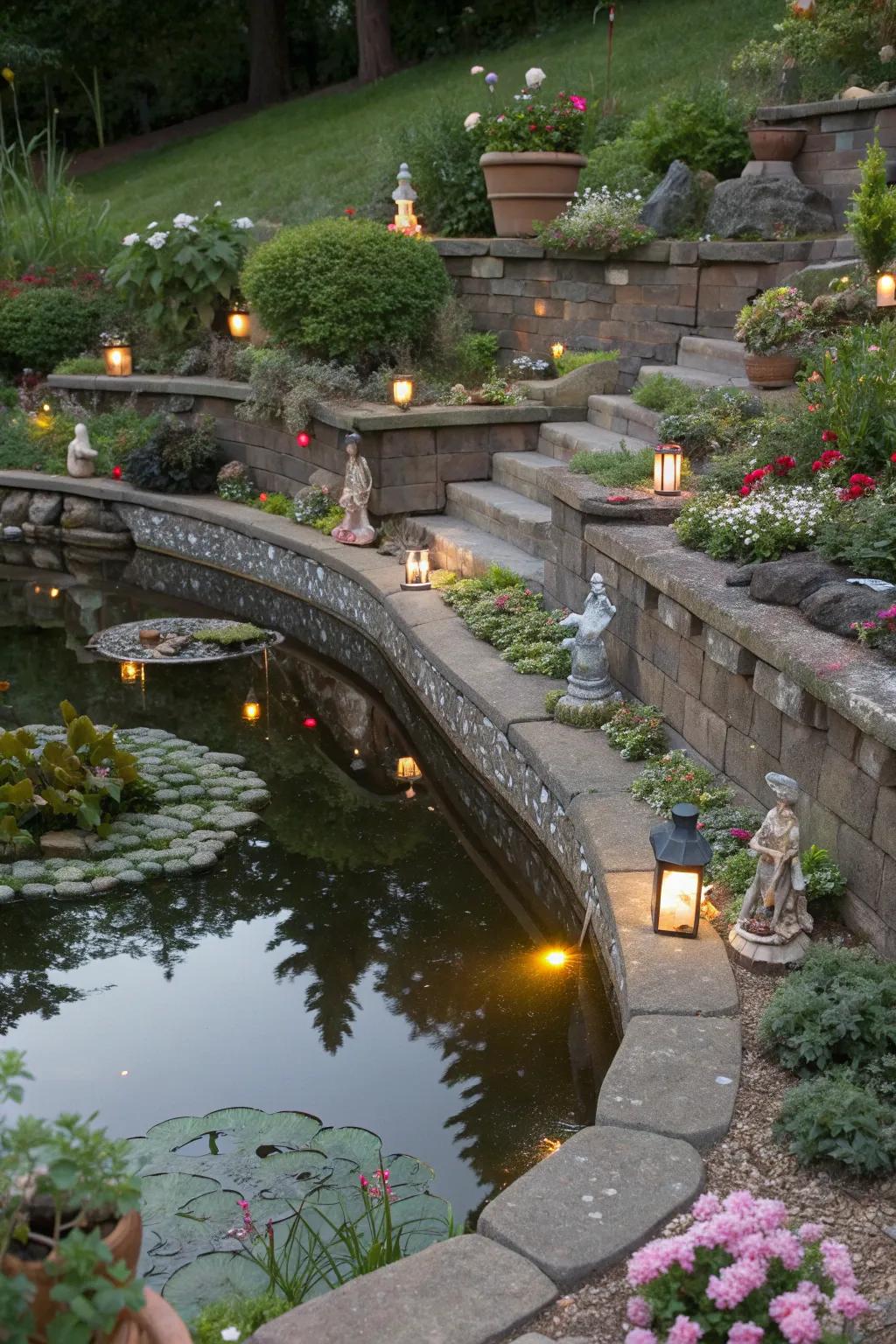 Fairy garden elements add a whimsical and enchanting touch to pond retaining walls.