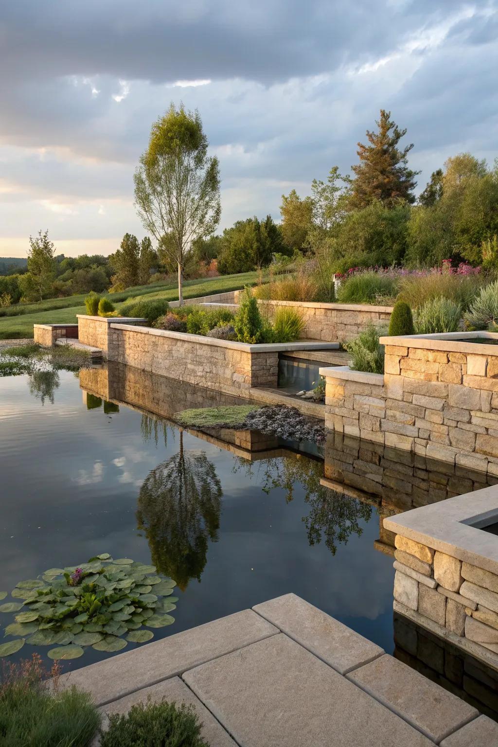 Mirror accents add depth and intrigue to pond retaining walls with reflective surfaces.
