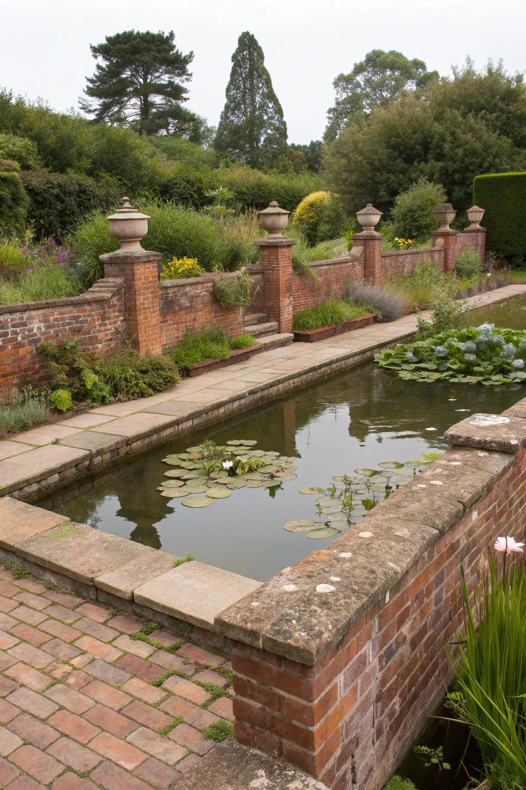 Brick designs offer a classic and timeless look for pond retaining walls.