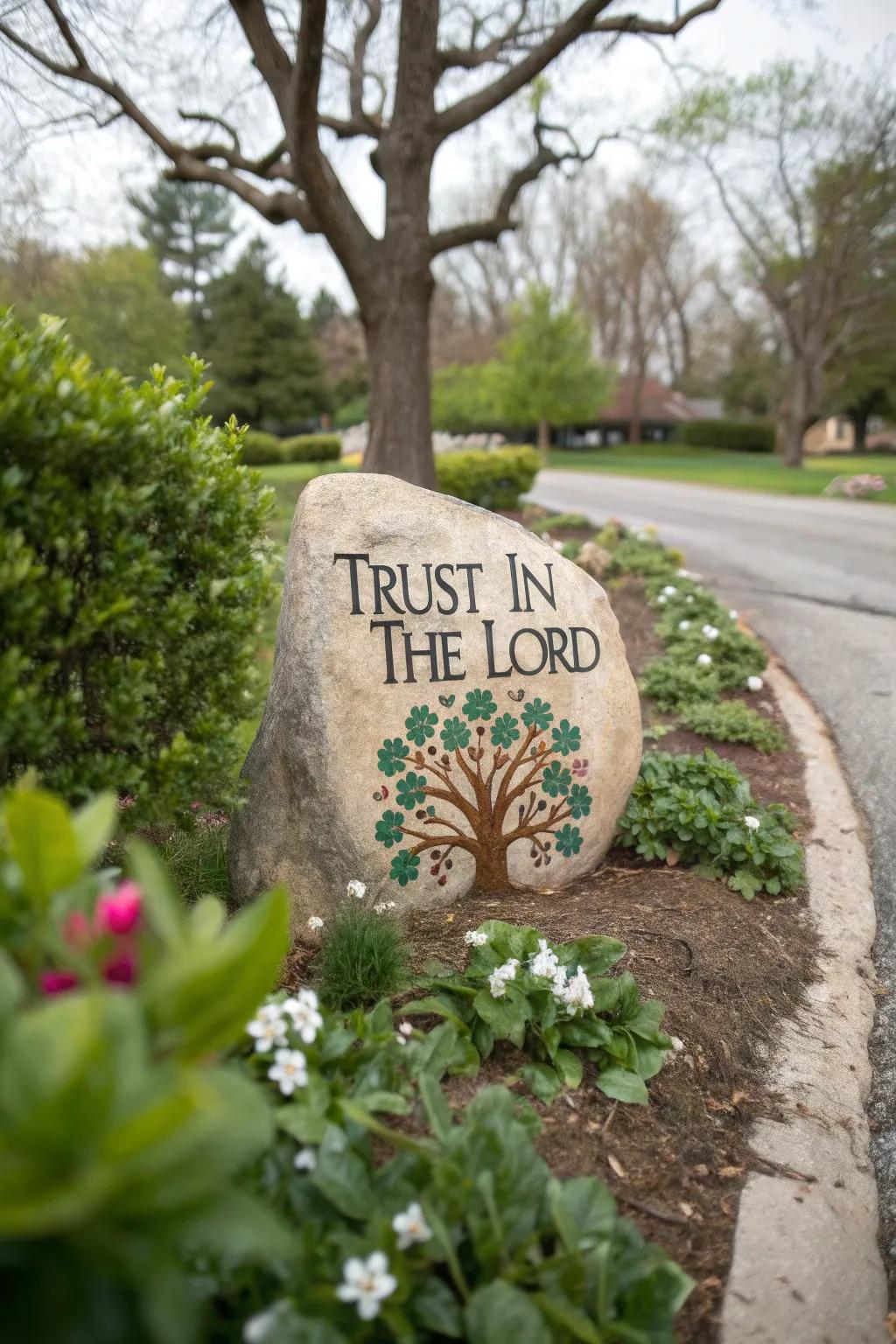 A symbolic rock that intertwines faith with nature's beauty.
