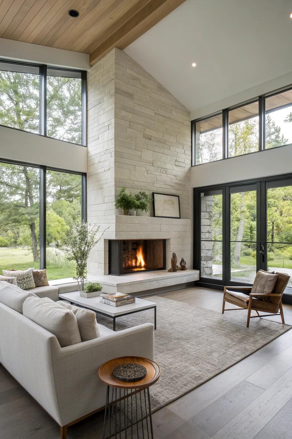 A minimalist living room with a sleek open fireplace.