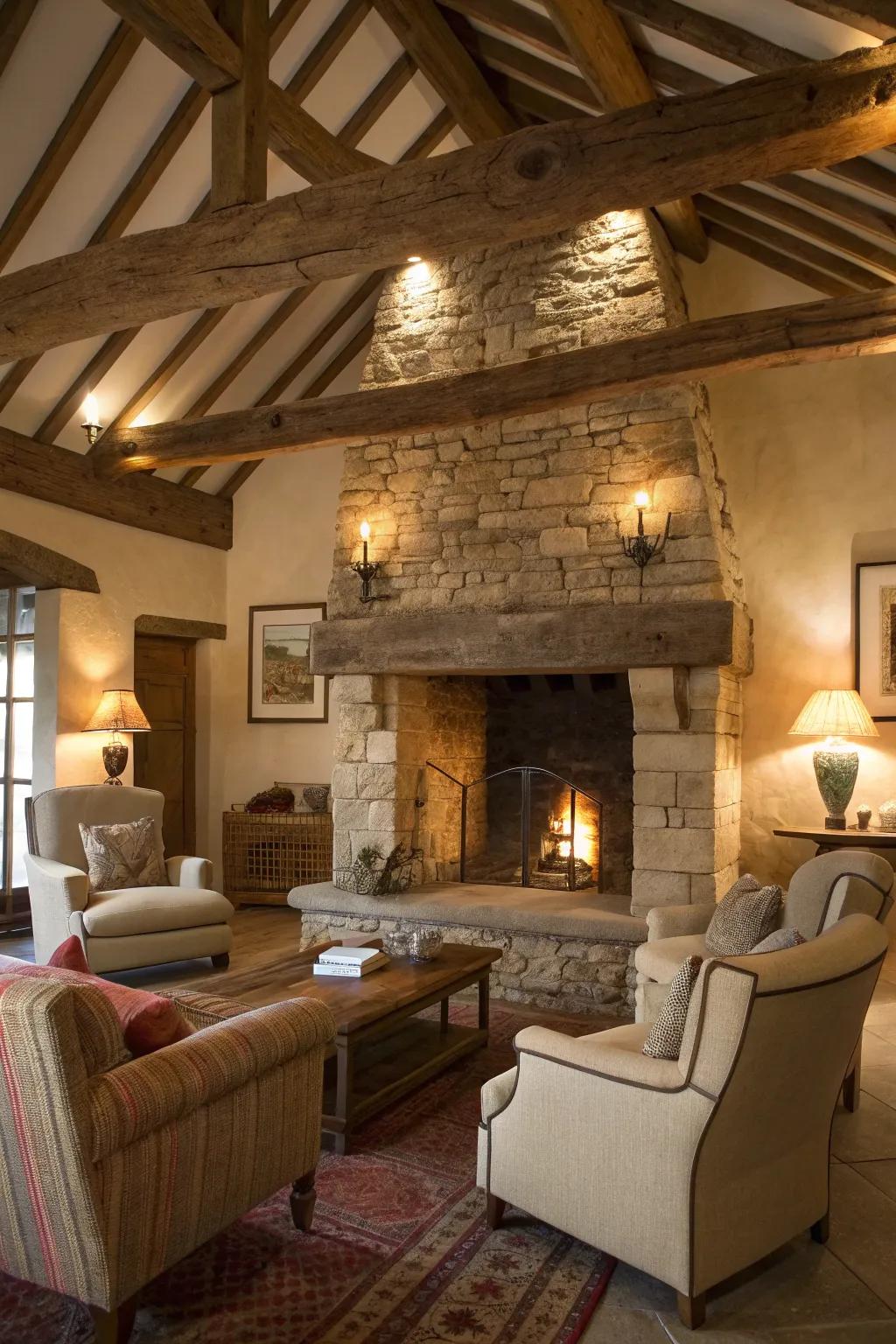 A rustic living room with a stone open fireplace and wooden beams.