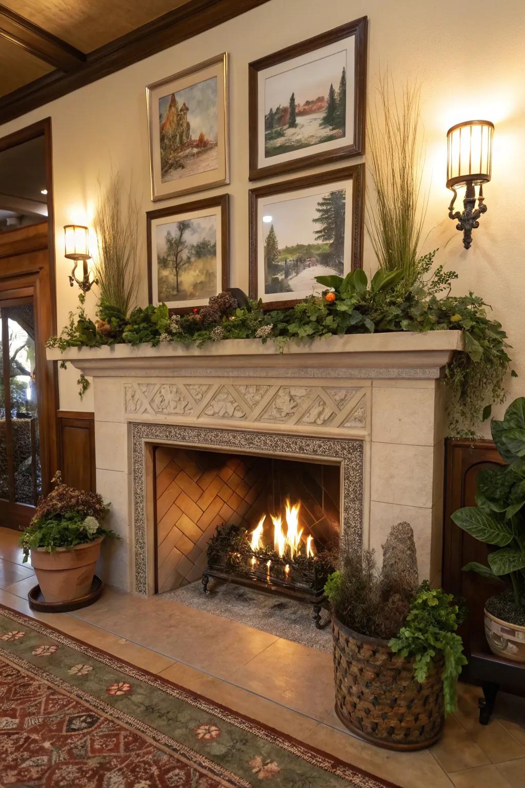Decorative elements enhancing an open fireplace.