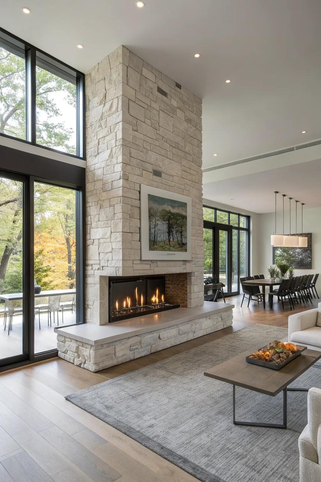 A contemporary floating fireplace in an open-plan living area.