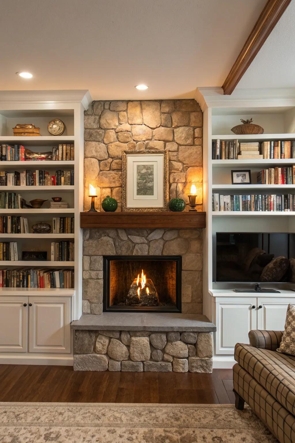 Functional built-in shelves around an open fireplace.