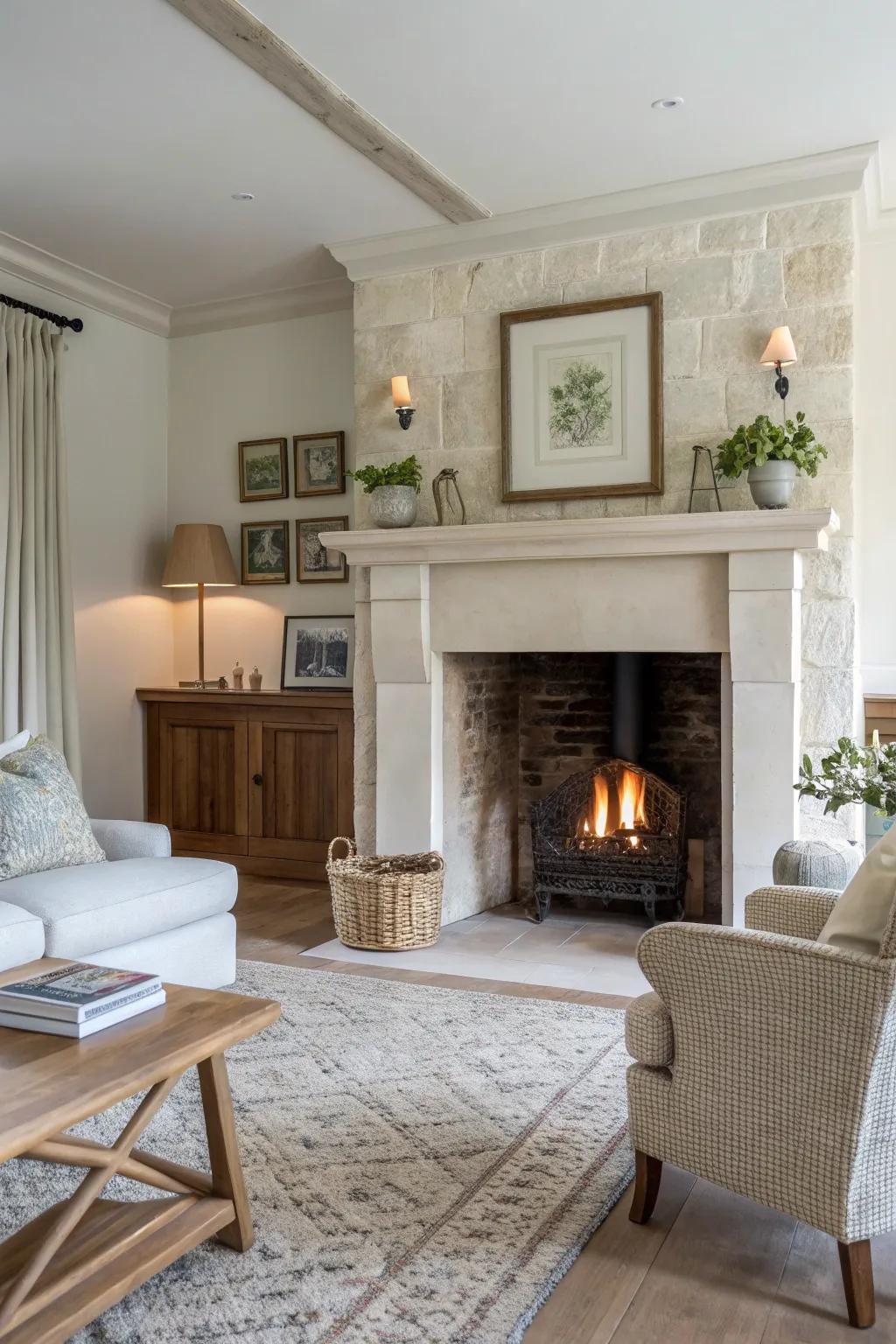 A limewashed open fireplace adding lightness to the room.