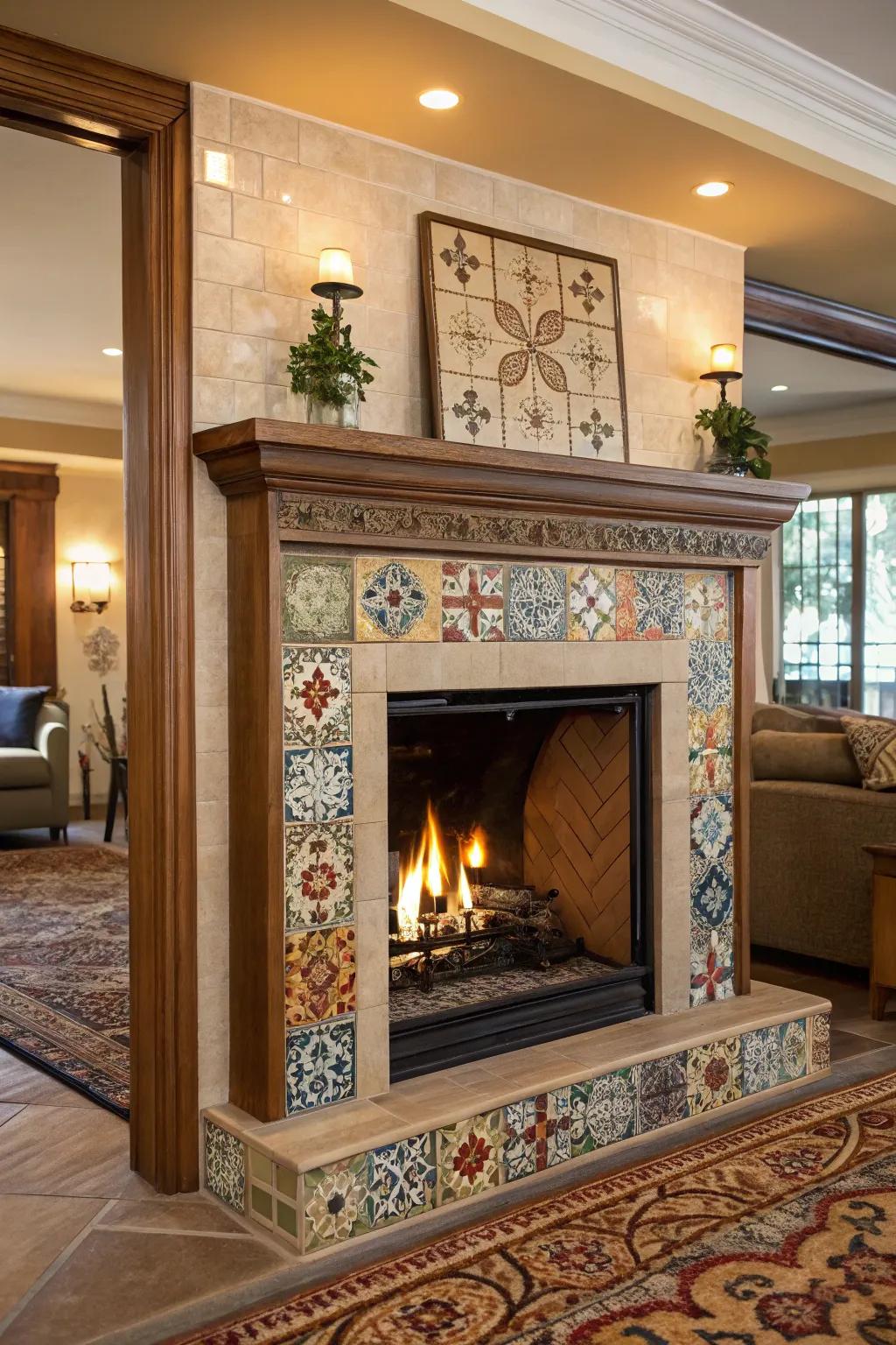A tiled frame around an open fireplace adds a personal touch.