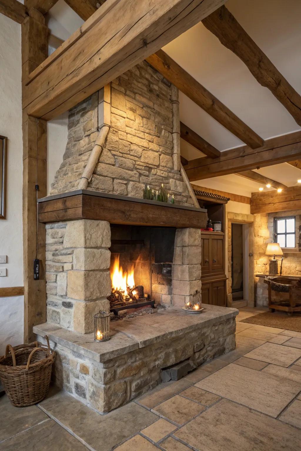 A unique open fireplace crafted from salvaged materials.