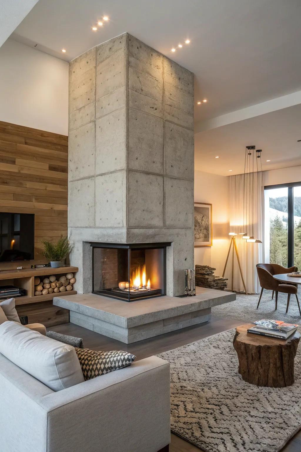 A concrete open fireplace with a warm, textured finish.