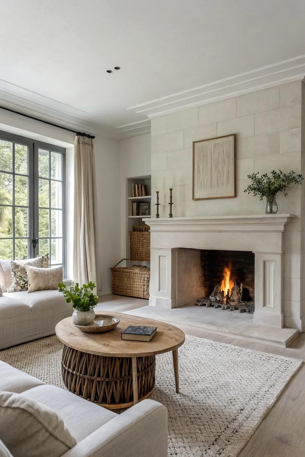 A monochrome open fireplace for a minimalist look.