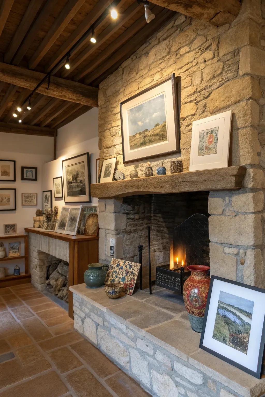 An open fireplace transformed into a creative gallery space.
