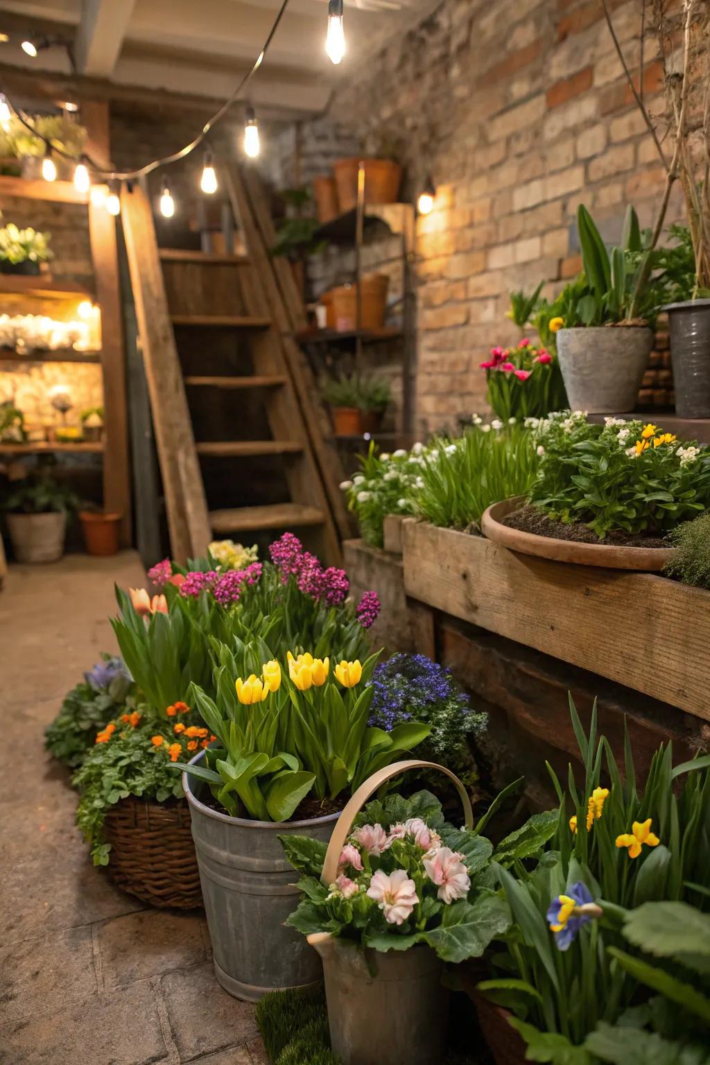 Keep your basement garden dynamic with a rotating display of seasonal plants.