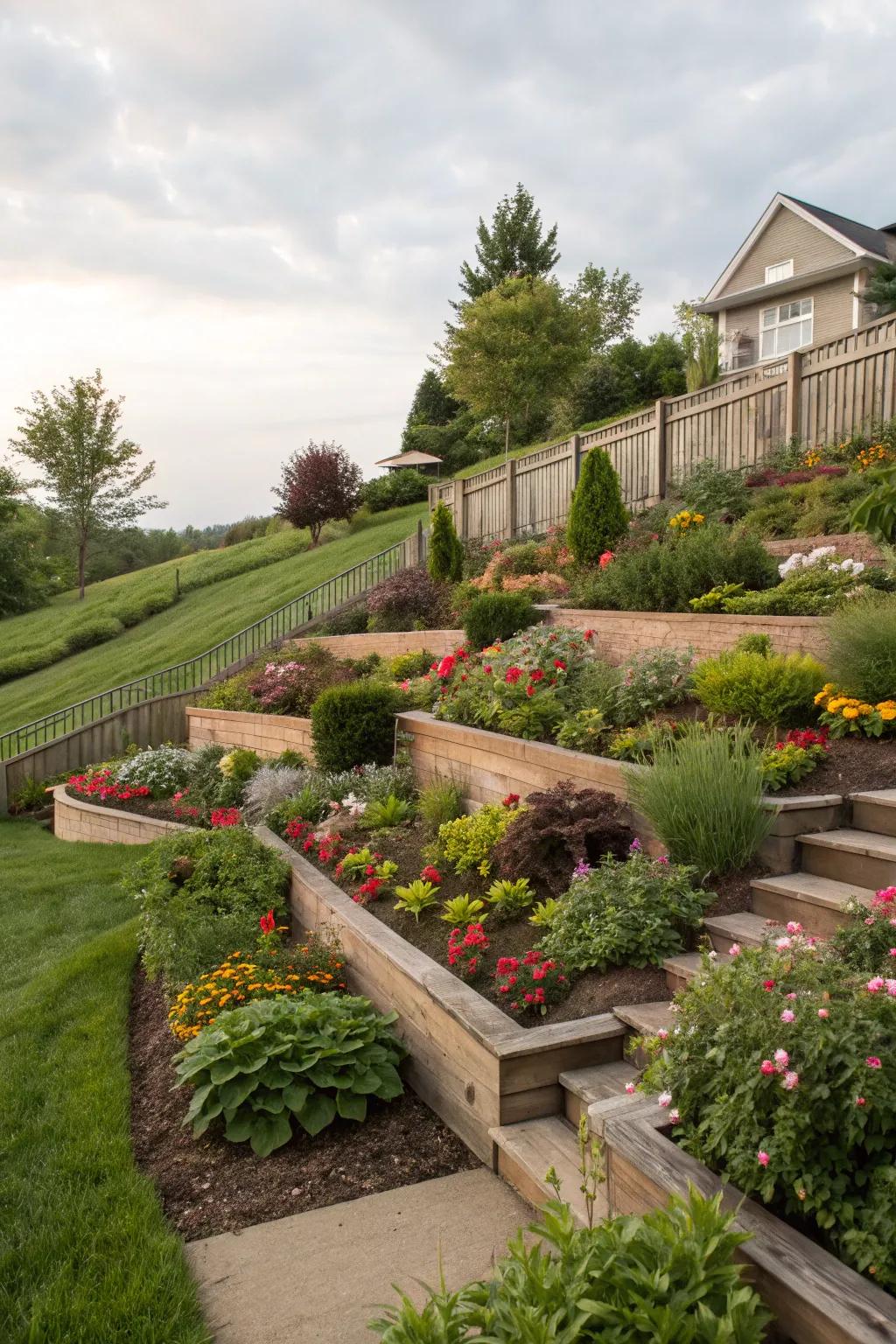 Terraced garden beds add structure and manage water flow gracefully.