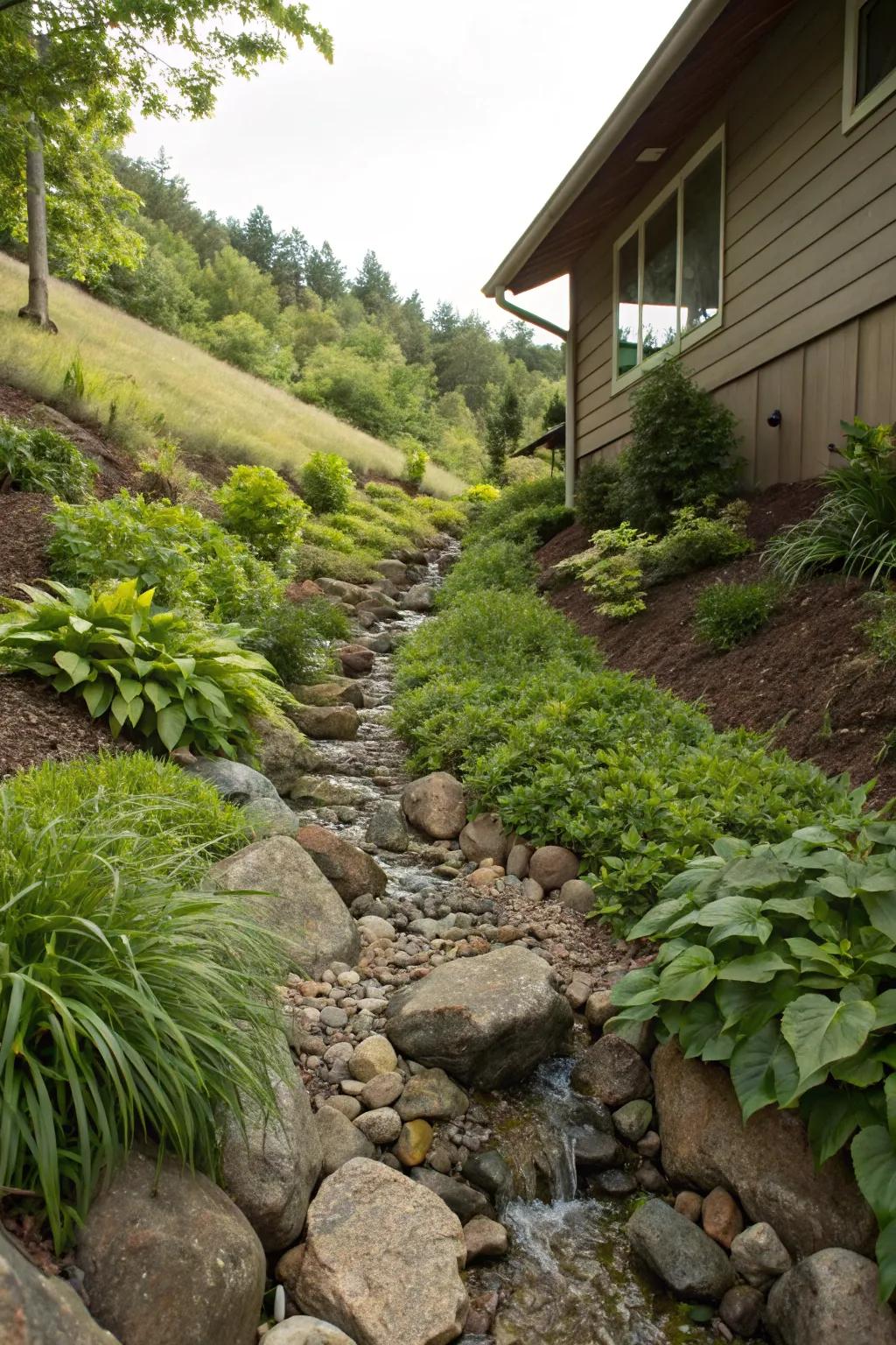 Rocky channels create a picturesque and functional water path.