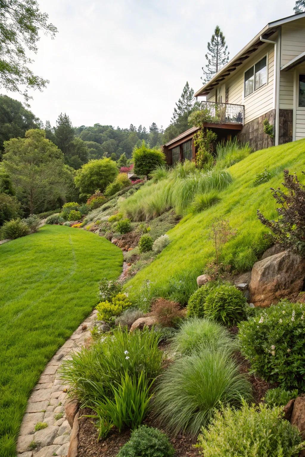 Lush ground cover absorbs water and prevents erosion.