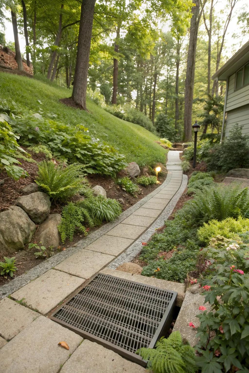Grates and culverts blend seamlessly to manage water flow.