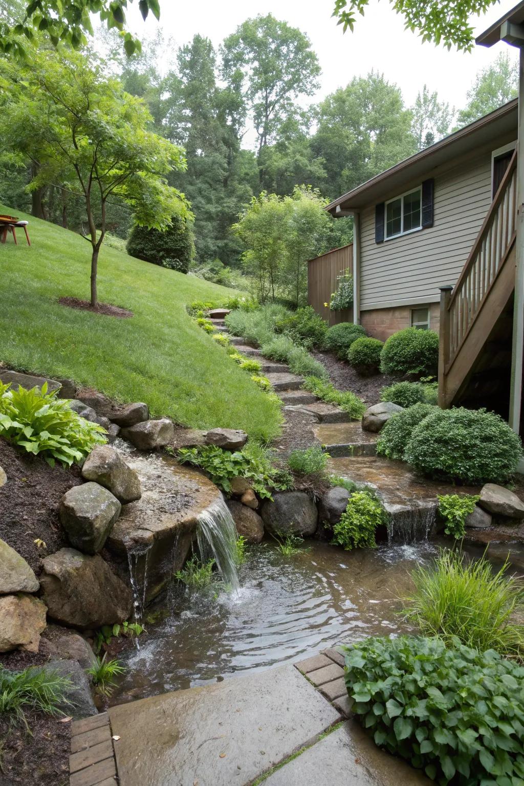Pop-up water features surprise and manage rainwater creatively.