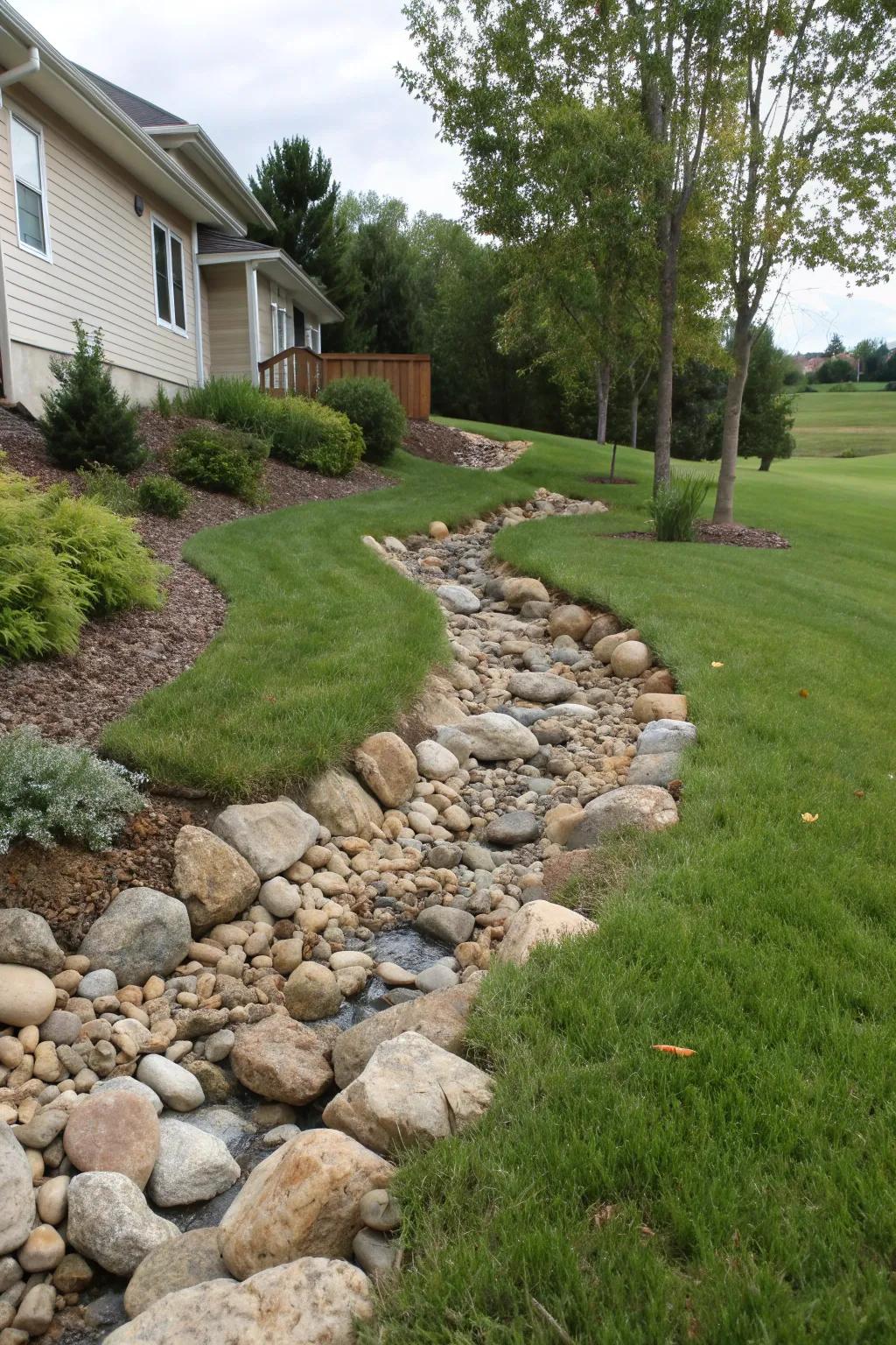 Dry creek beds offer a natural and artistic drainage solution.