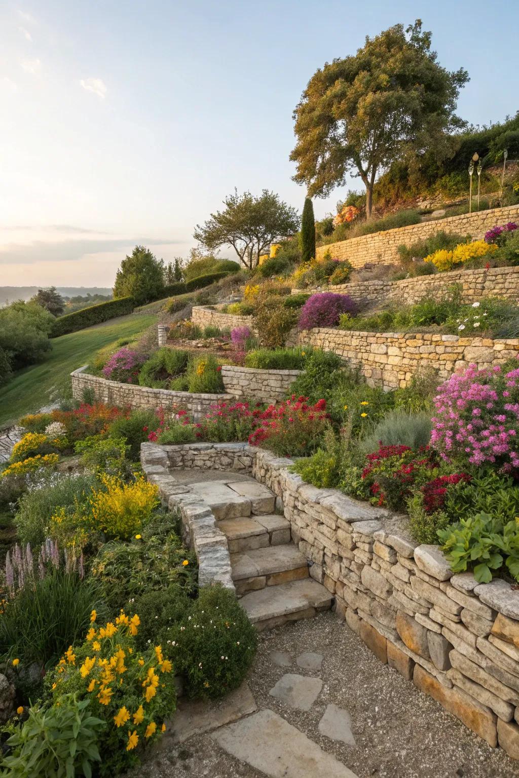 Terraced garden levels with stone walls enhance both structure and beauty.