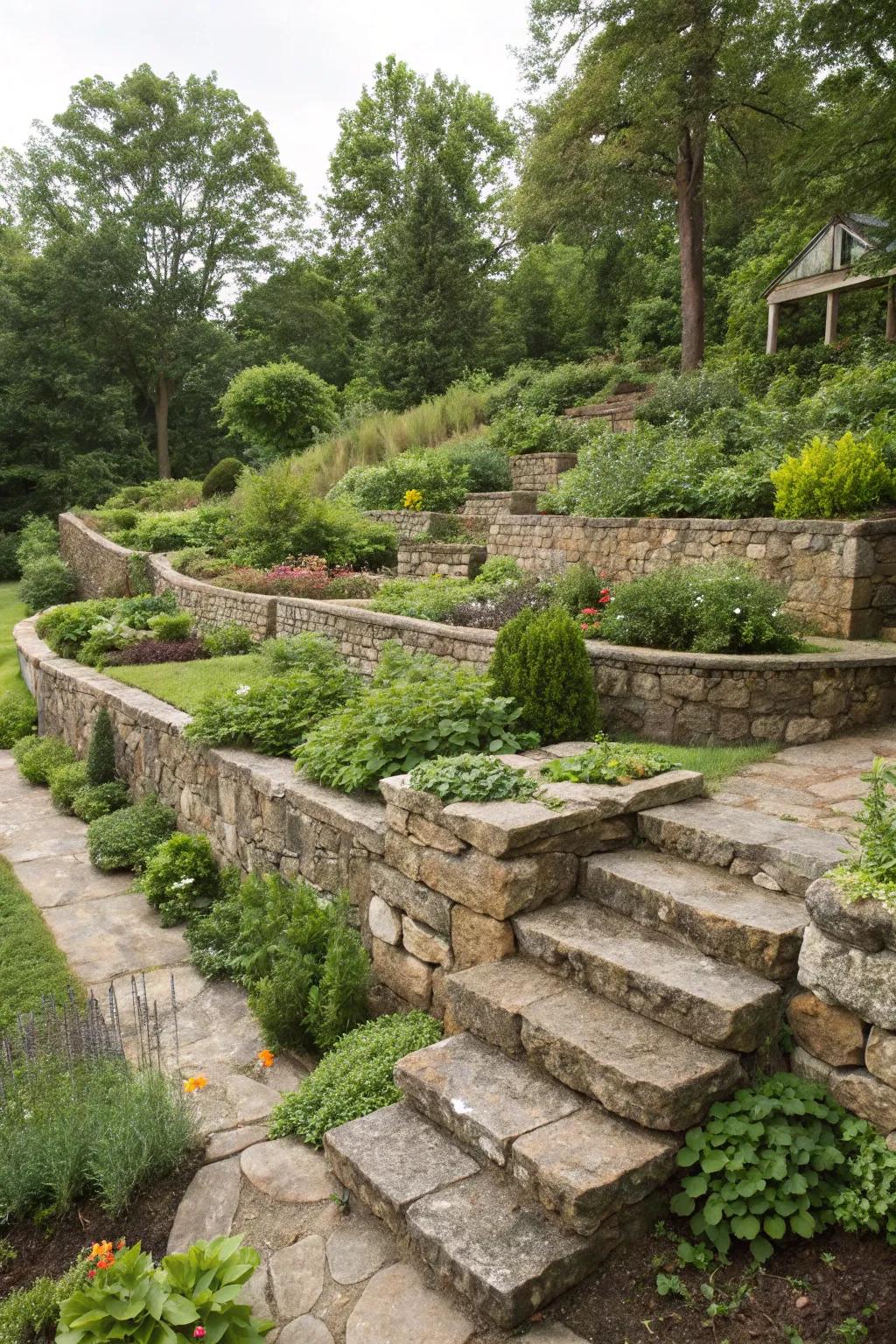 Stone walls as pathway borders add structure and charm.
