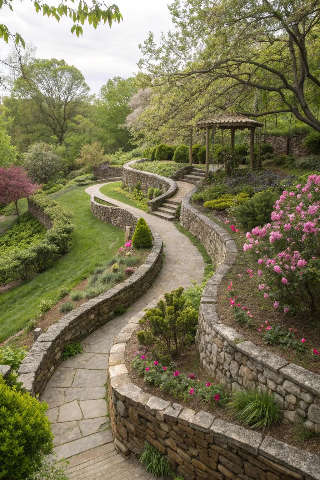Curved stone walls bring dynamic movement to garden landscapes.