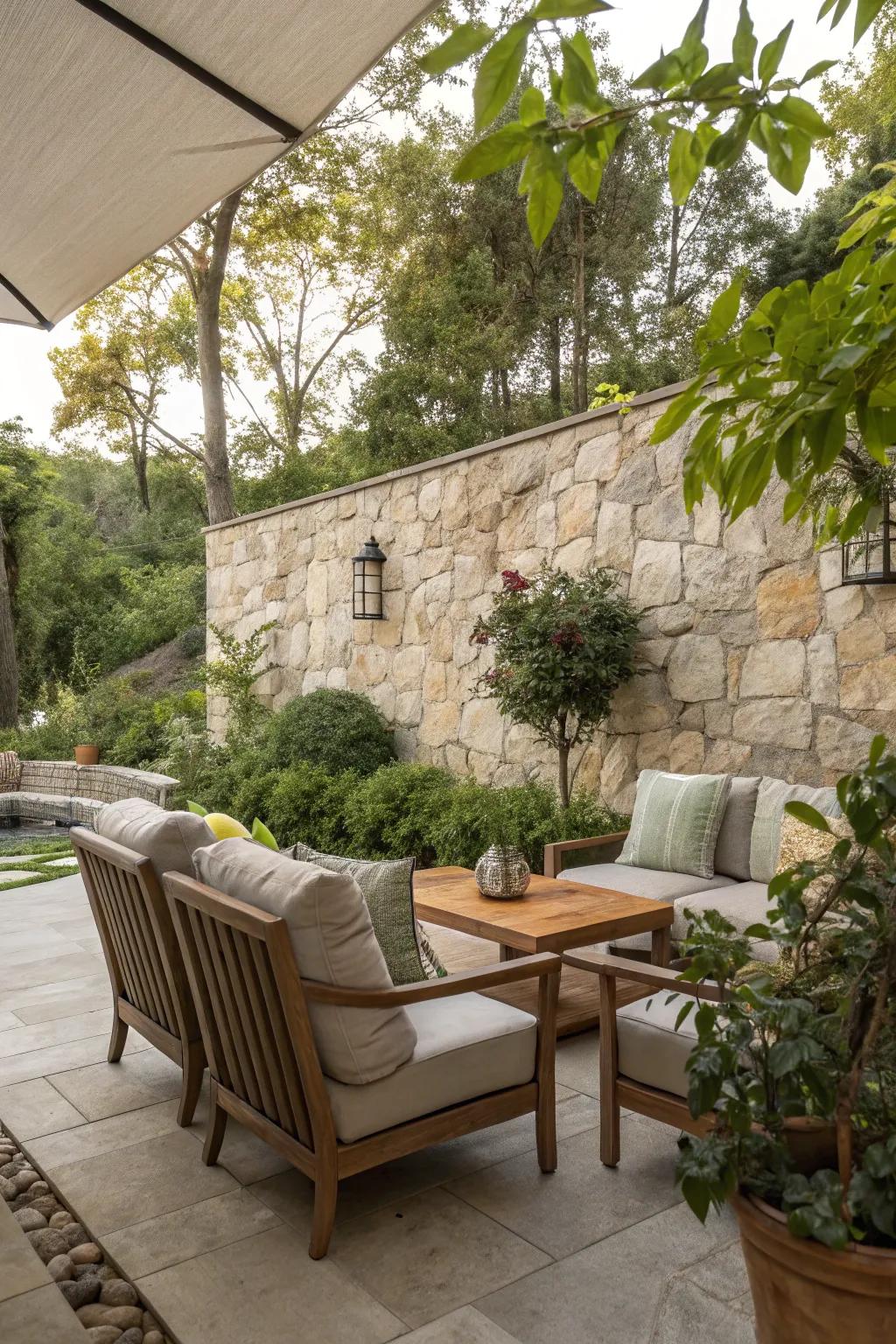 Stone walls define inviting outdoor living spaces.