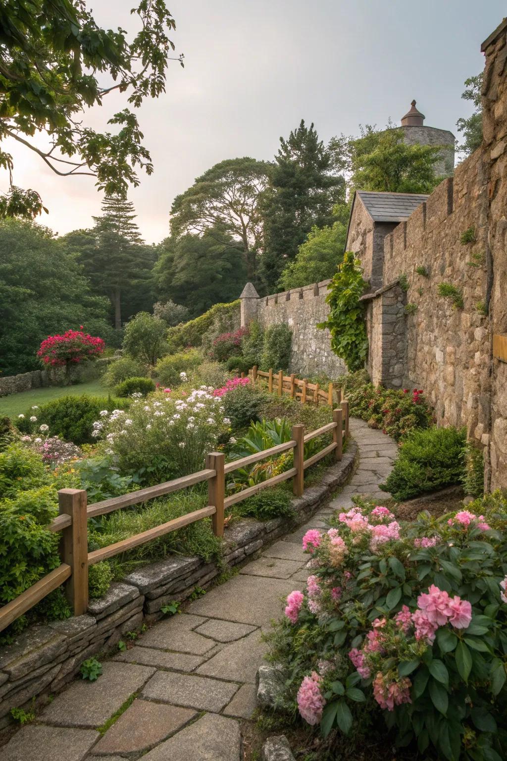 Combining stone and wood creates a textured, modern garden aesthetic.