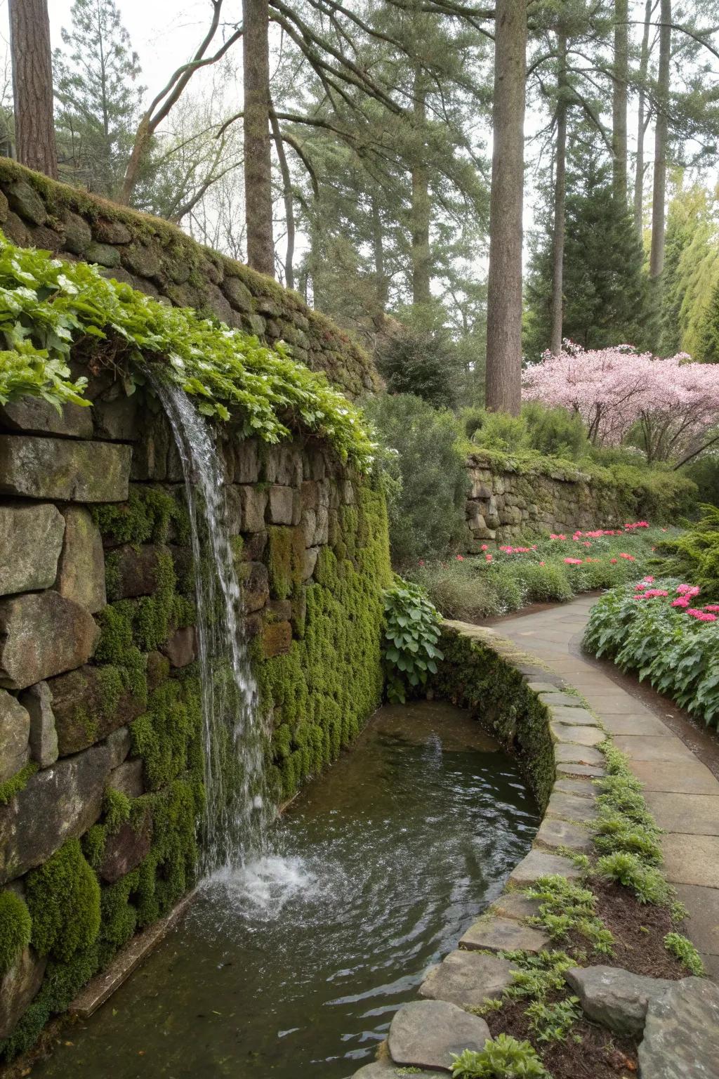 Stone walls paired with water features create a serene garden environment.