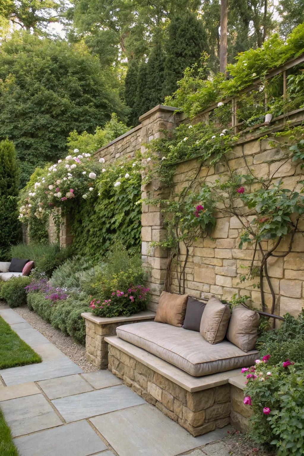 Built-in seating within stone walls combines function and style.
