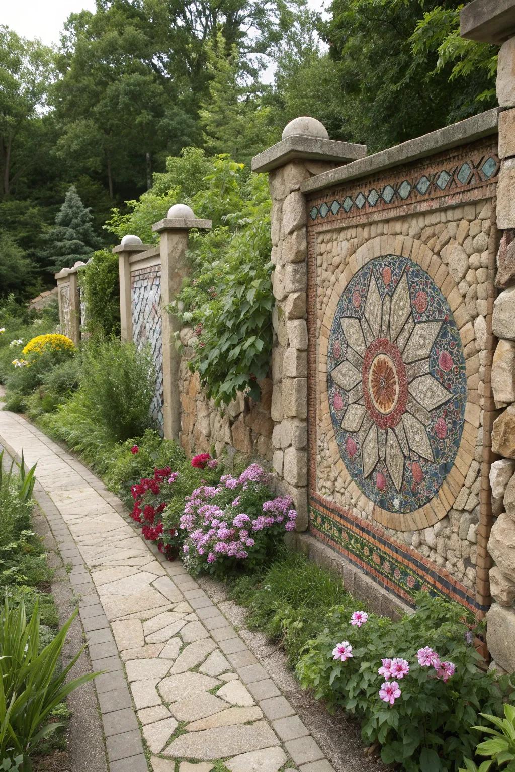 Mosaic stone walls add artistic flair to garden spaces.
