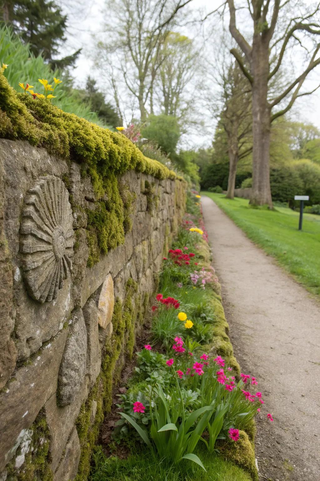 Fossil imprints in stone walls offer a historical garden narrative.