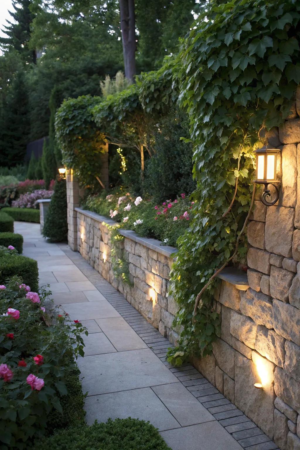 Integrated lighting in stone walls enhances nighttime garden beauty.
