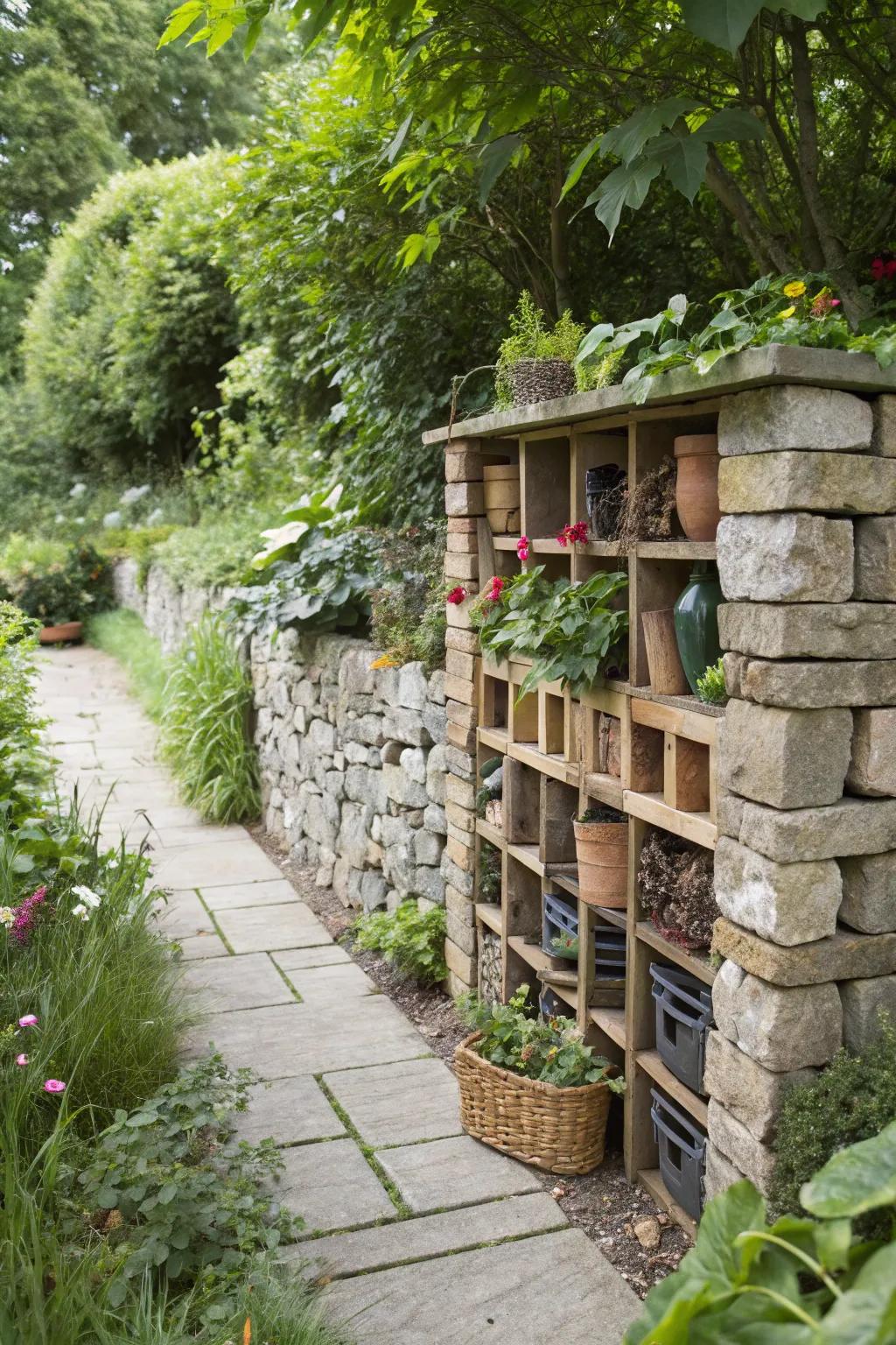 Hidden storage within stone walls provides practical garden solutions.