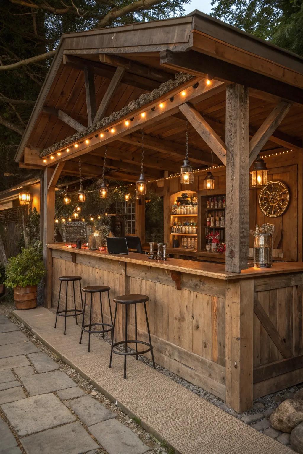 A rustic shed bar brings warmth and charm to your backyard.