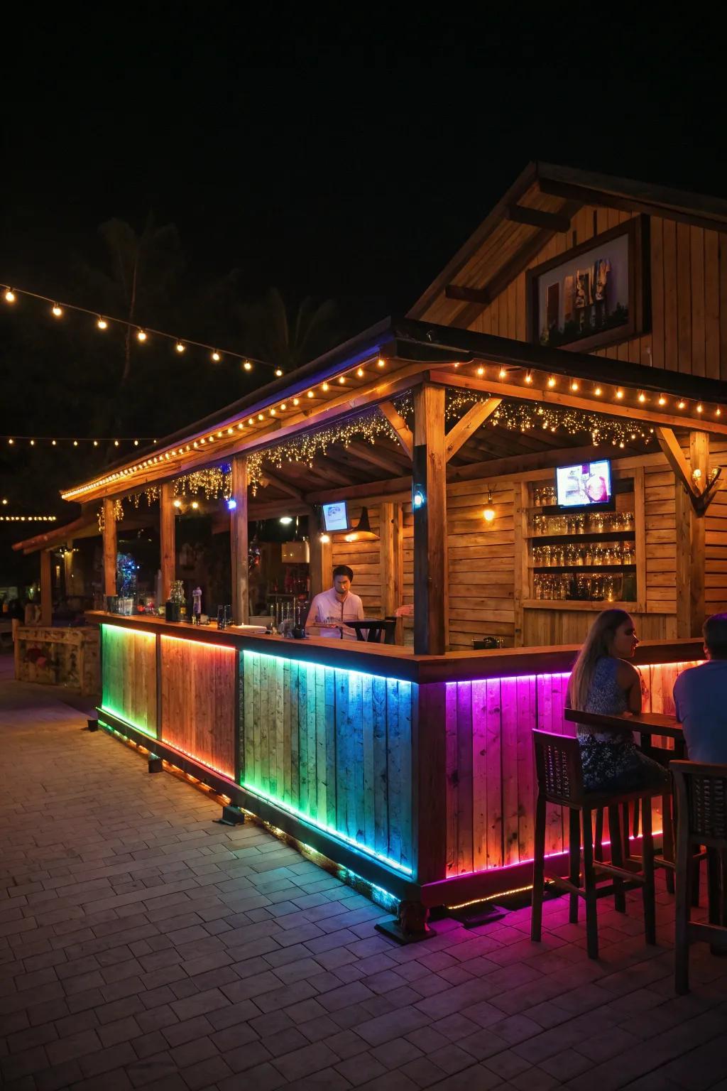 Colorful LED lights bring nightlife vibes to your shed bar.