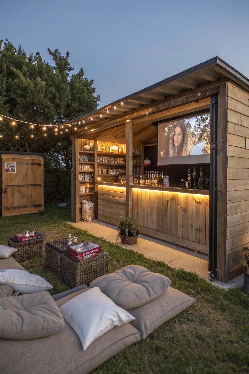 An outdoor cinema shed bar makes movie nights special.