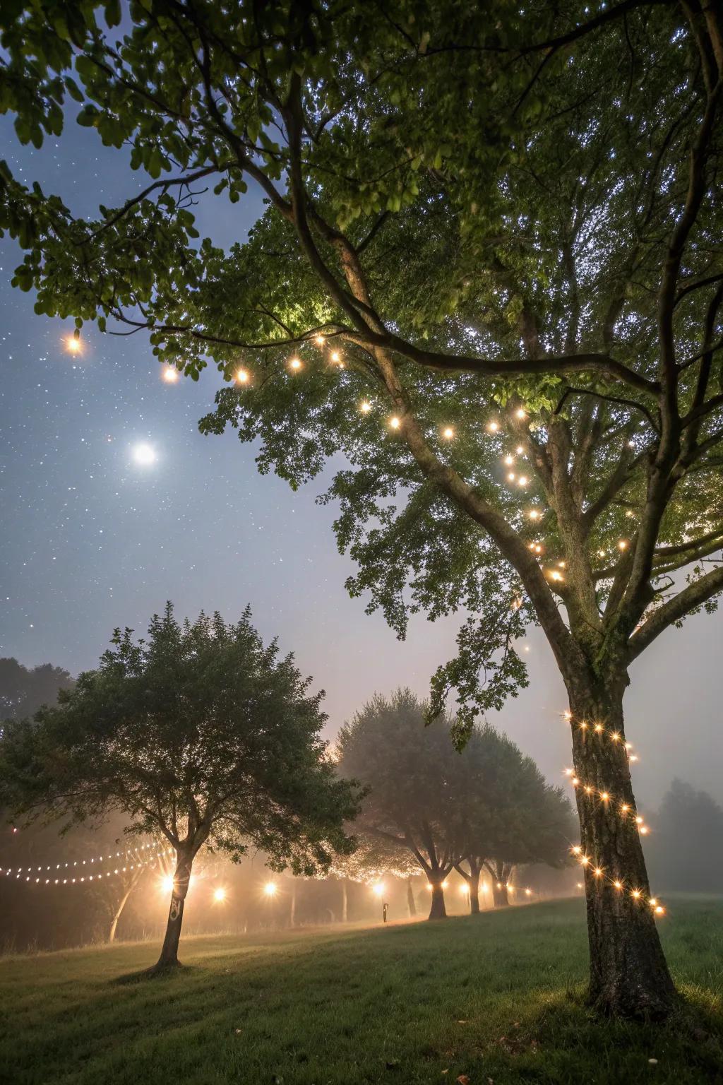 Fairy lights in trees create a magical backdrop for outdoor weddings.