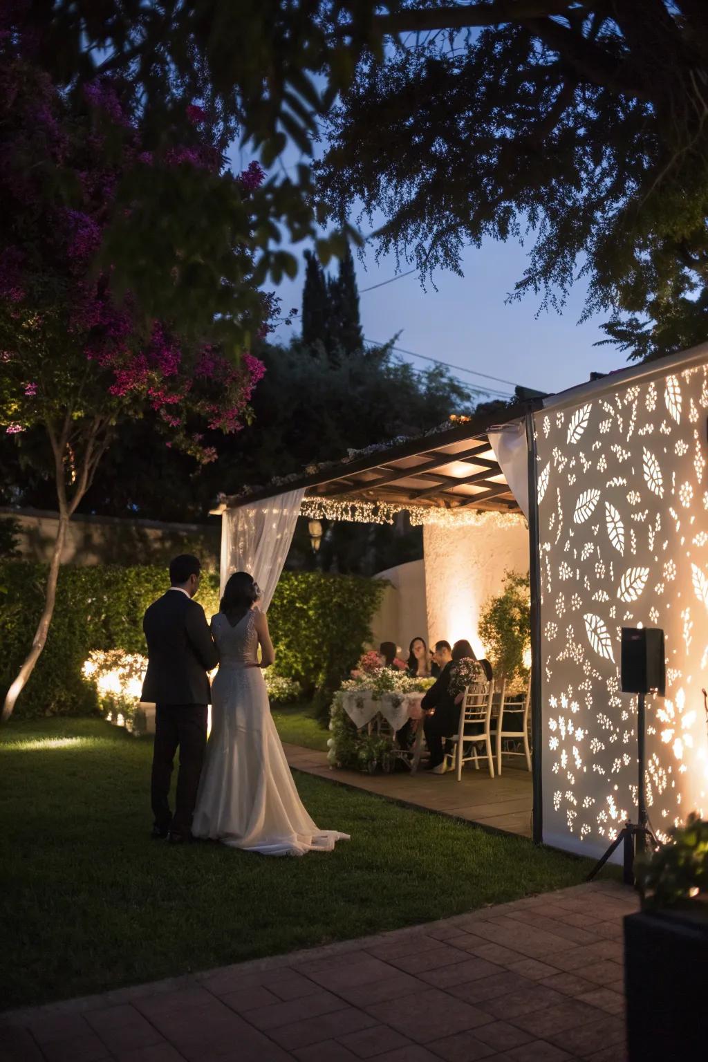Projector lighting adds a personalized touch to weddings.