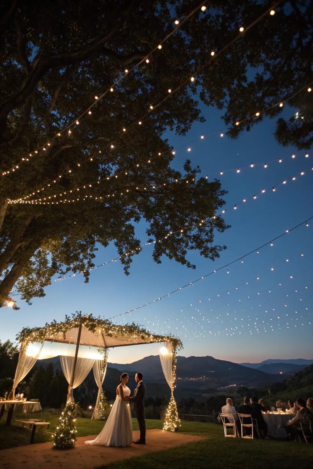 Twinkle lights create a magical starry sky effect.