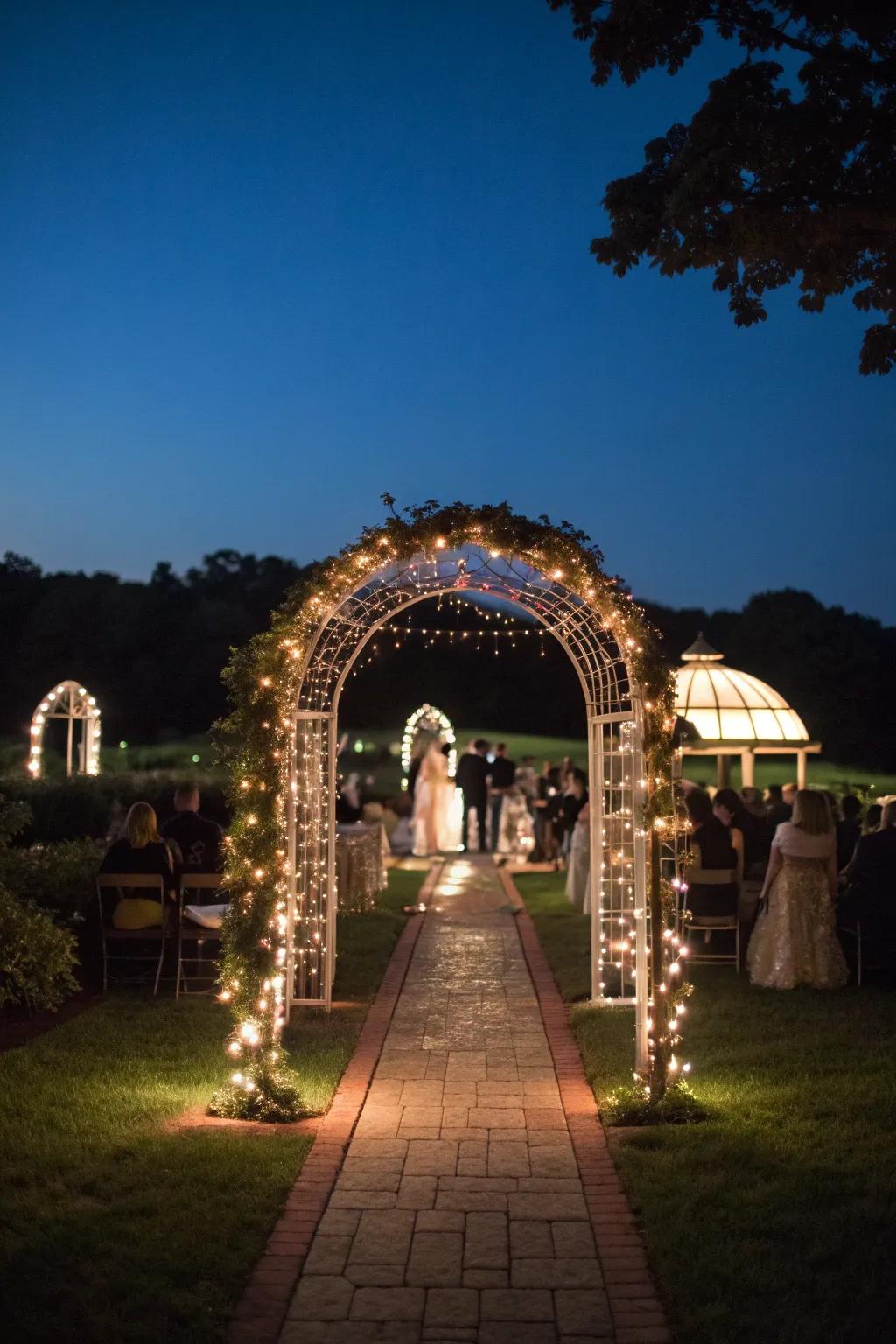 Illuminated arbors create stunning entry focal points.