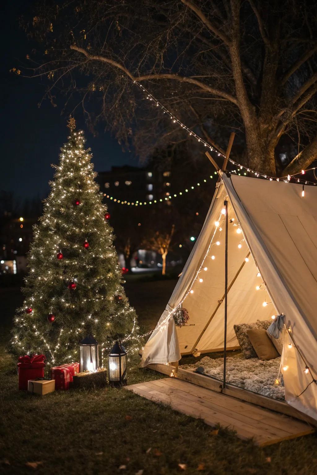 Twinkling lights transform an ordinary tent into a festive wonderland.