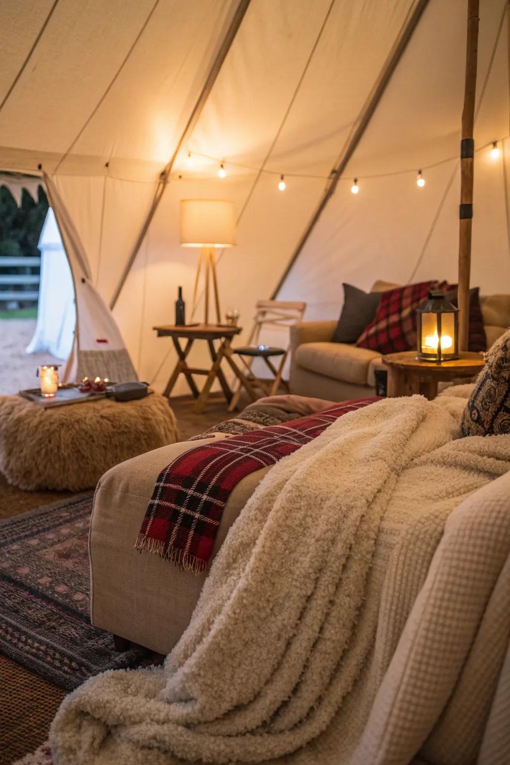 Blankets on seating keep guests warm and create a cozy atmosphere.