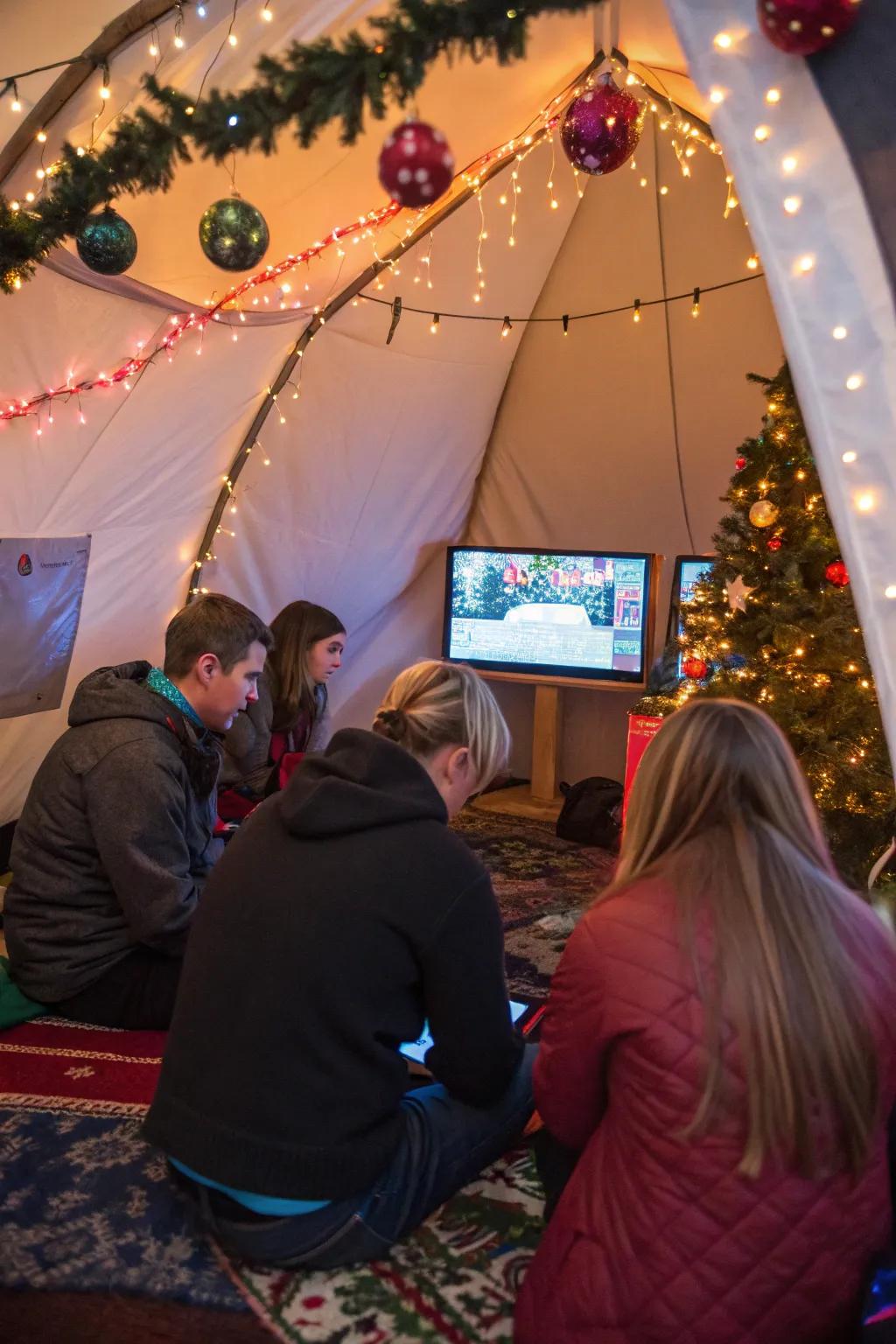 Interactive games like quizzes or charades bring festive fun to the tent.