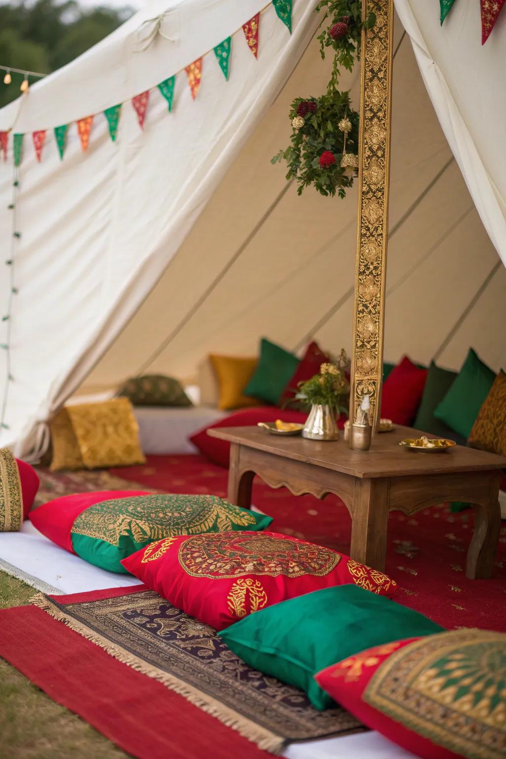 Colorful accents infuse the tent with festive cheer and elegance.