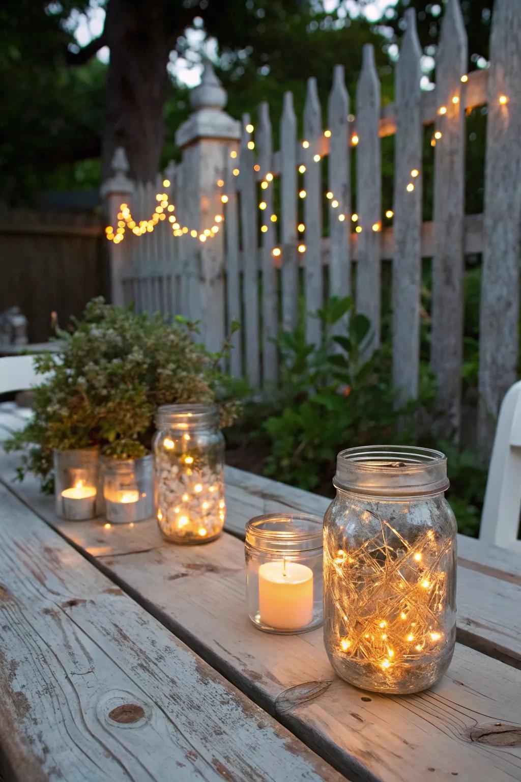 Mason jar luminaries offering a rustic glow.