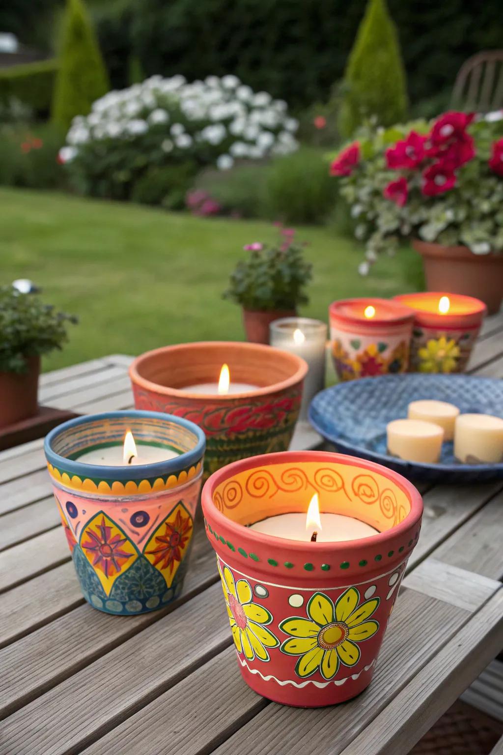 Colorful terracotta pot candle holders for an earthy vibe.